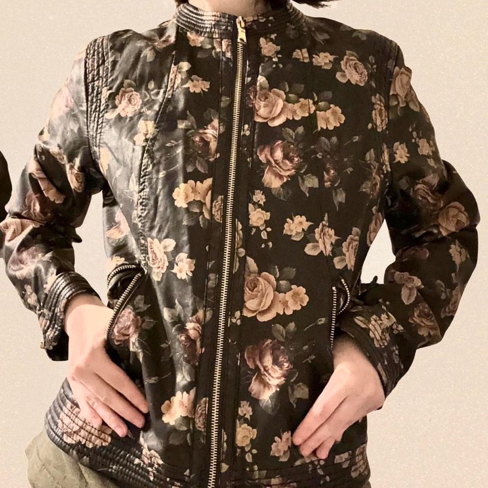 Brown floral leather biker jacket